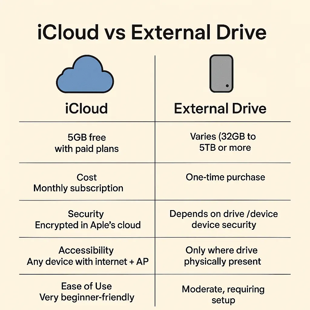 iCloud vs External Drive comparison for iPhone backup”
Generate image